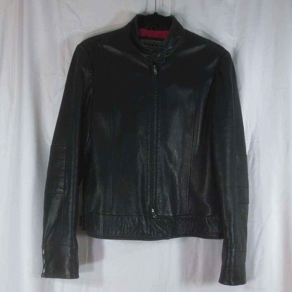 Tuskany Y2K Jacket Black Buttery Leather Moto Pink Satin Lined 2 Way Zip Size L